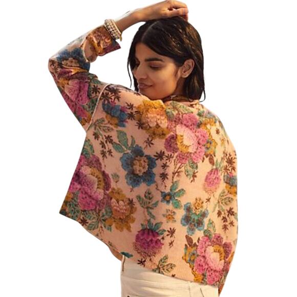 Anthropologie Pilcro Alani 100% Cashmere Sweater Small Pink Combo Floral Crop - Picture 2 of 12